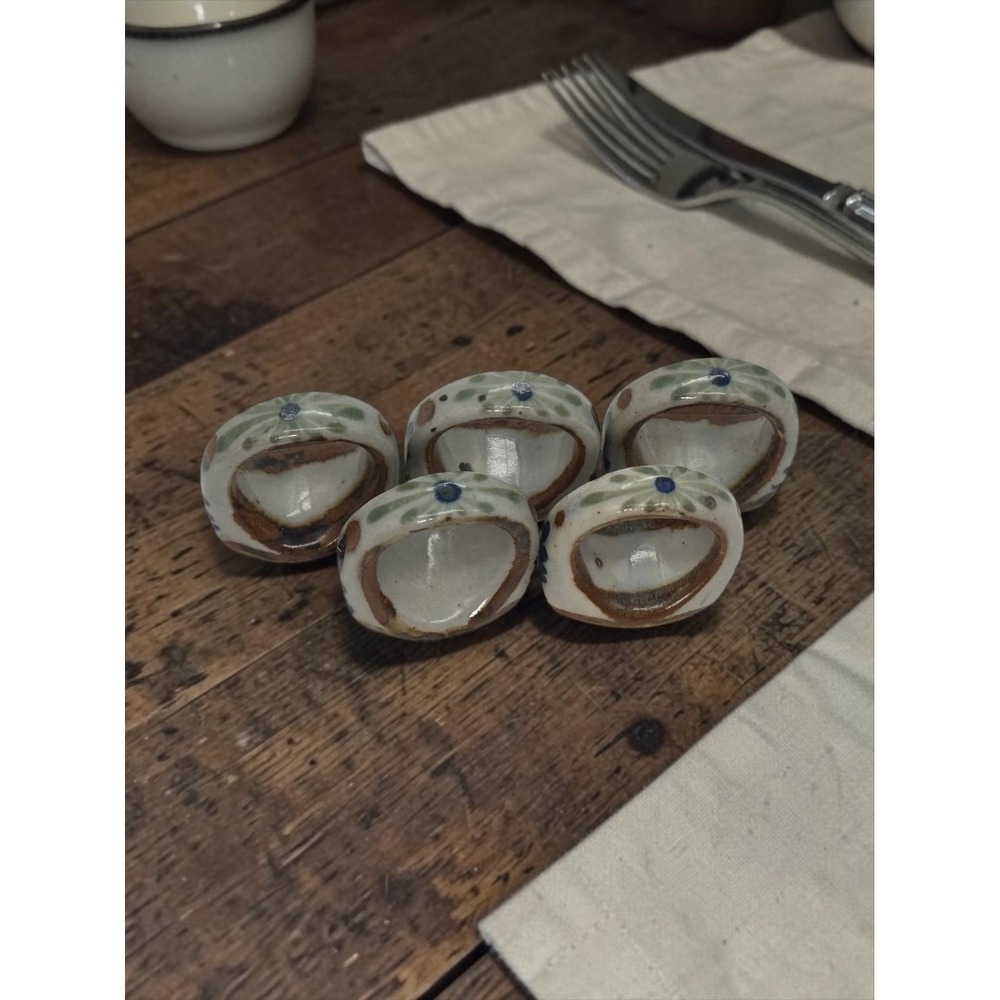 Vintage Ken Edwards Tonala Mexican Pottery Napkin Rings Set of 5 Signed KE Bird
